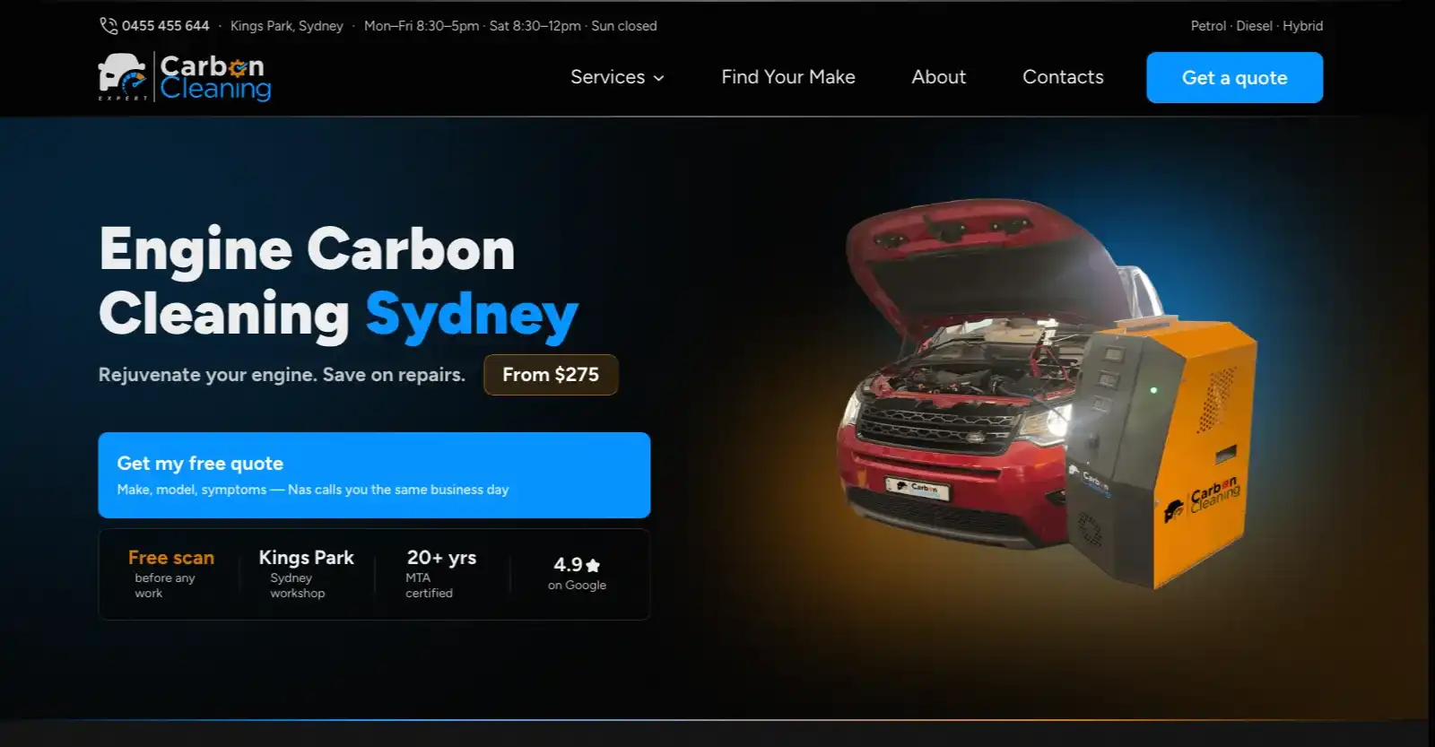 The Expert Carbon Cleaning home page we designed and built, shown on desktop