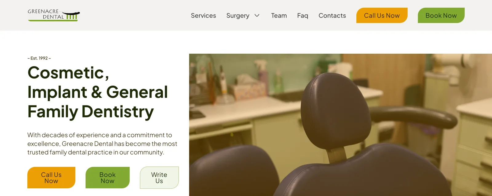 The Greenacre Dental home page we designed and built, shown on desktop
